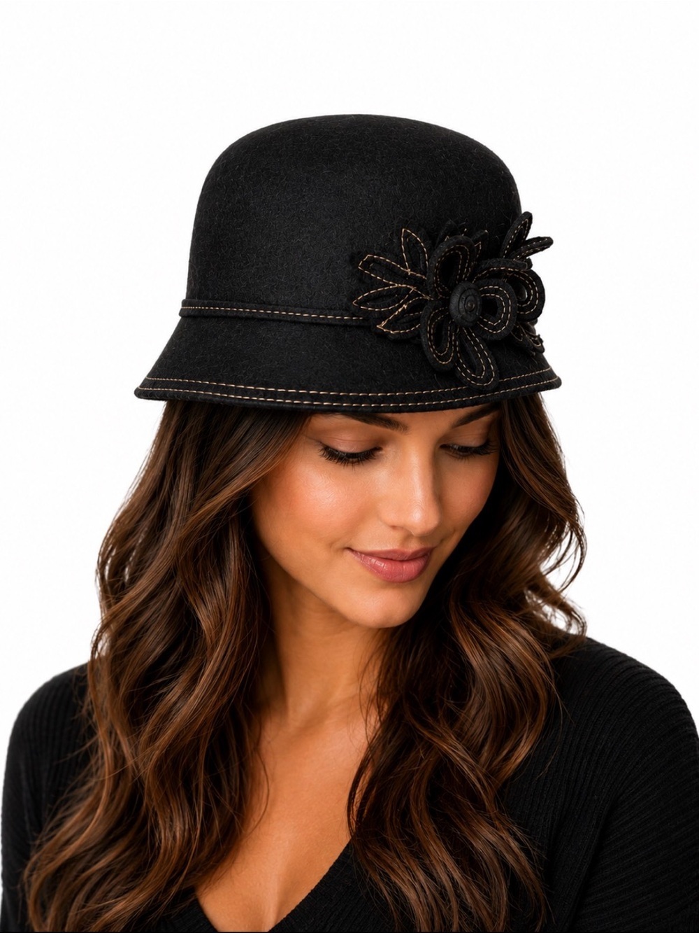 Black Floral Embroidered Cloche Hat floral detailing felt material bucket hat